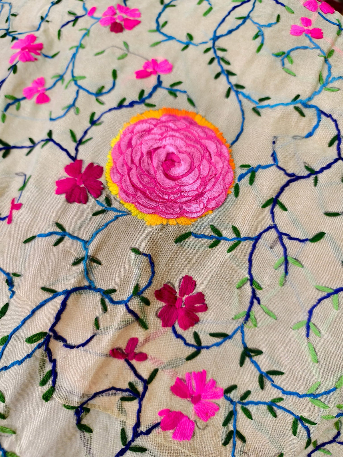 Handcrafted Beige Dupatta With 3D Pink Rosette Multicolor Thread Embroidery — product view 4