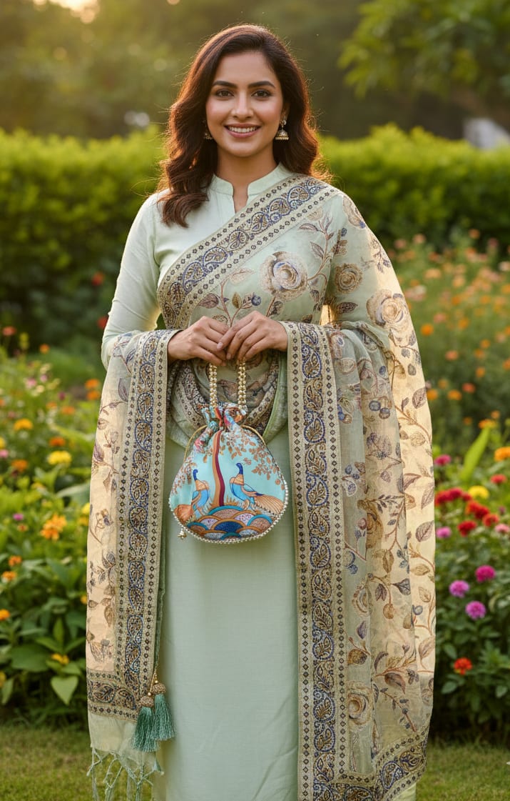 Combo Mint Melody  Brasso Floral Dupatta With Gold Jacquard Border Printed Peacock Potli — product view 1