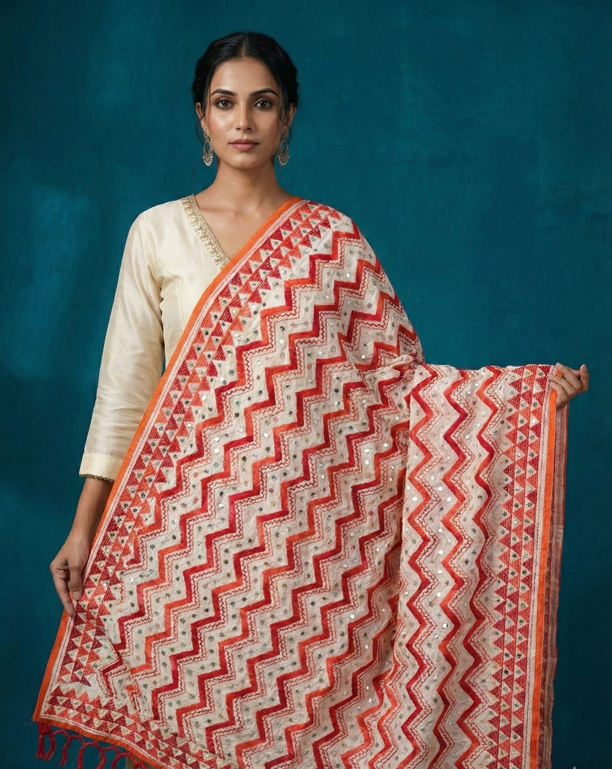 Red White Chevron Zigzag Embroidered Dupatta With Mirror Work — product view 1
