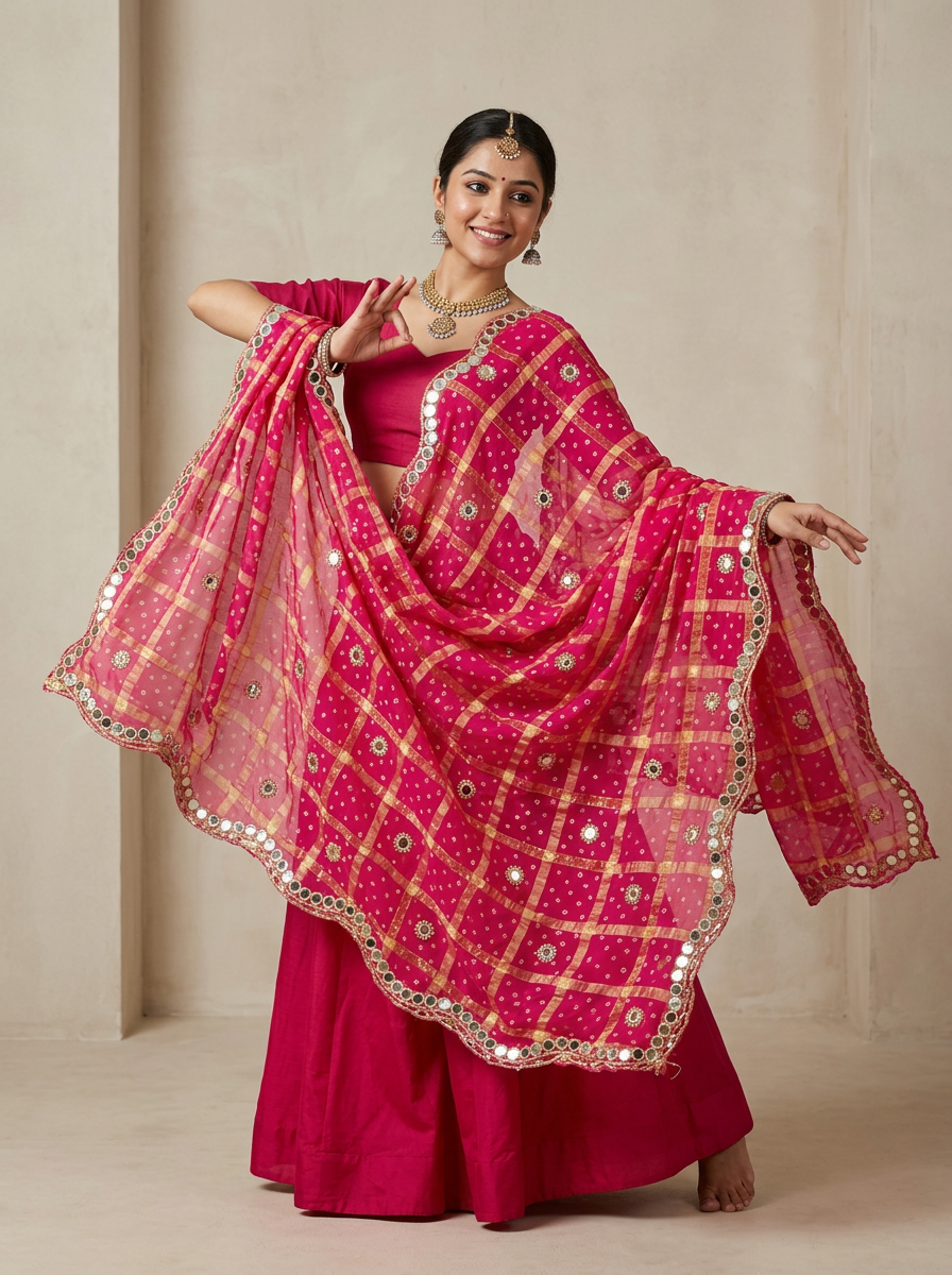 Jagmag Mirror Dupatta, Hot Pink — product view 1