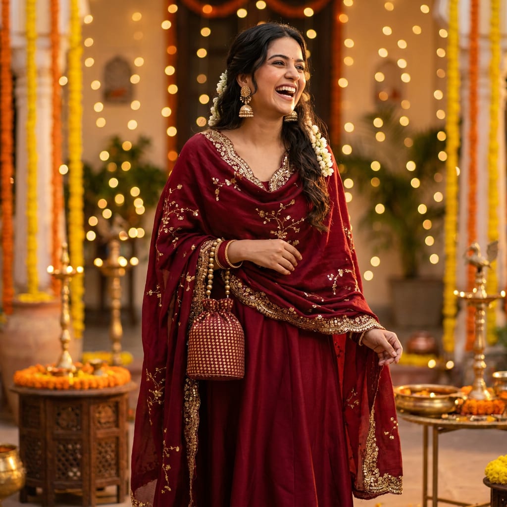 Combo Maroon & Gold Embroidered Festivity Dupatta — product view 1