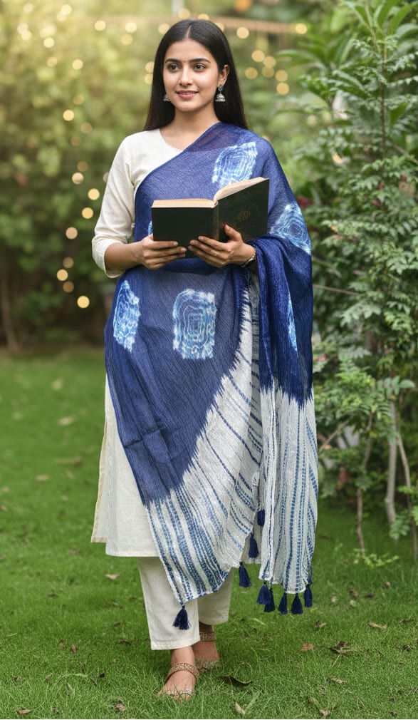 Indigo Flow Artisanal Tie Dye Stole — product view 1