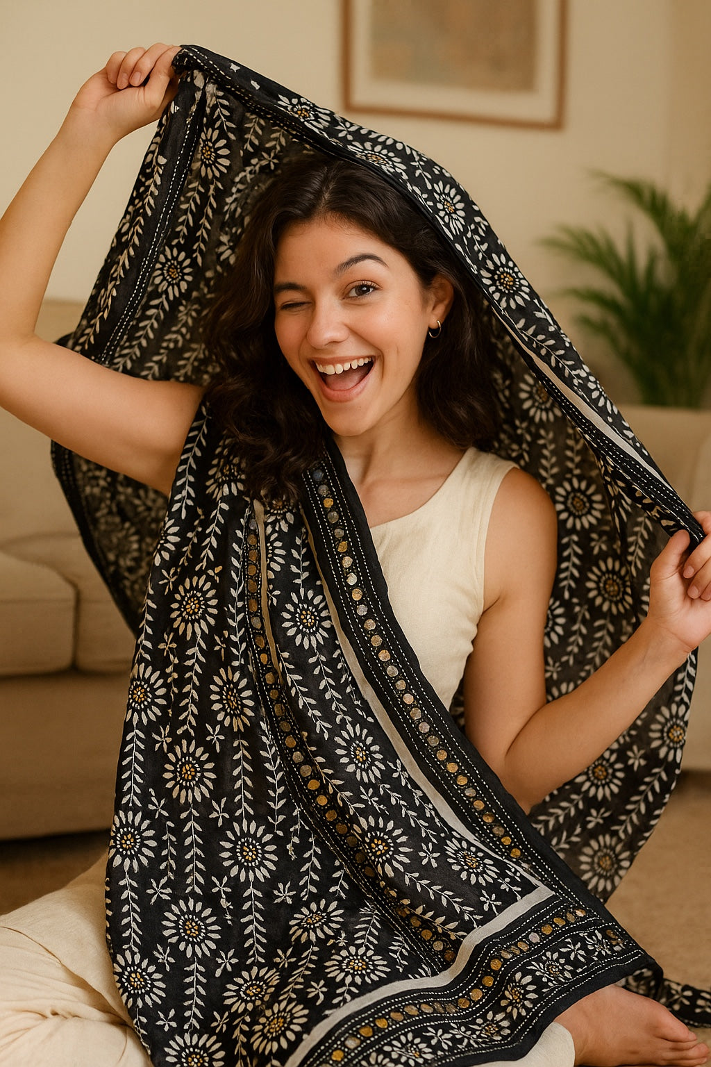 Black Georgette Dupatta With Dense White Thread Embroidery Heavy Sequin Border — product view 1