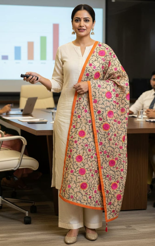 Handcrafted Beige Dupatta With 3D Pink Rosette Multicolor Thread Embroidery — product view 1