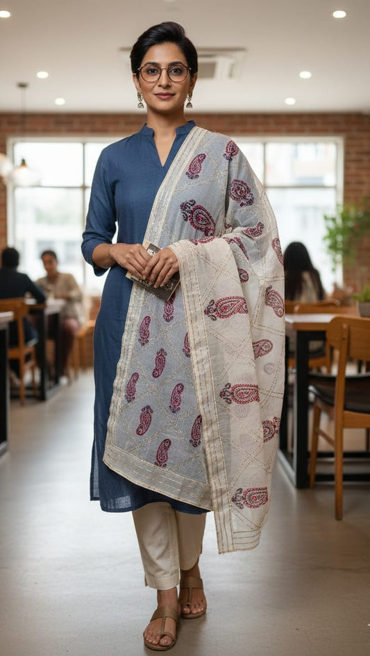 Handcrafted Cream Dupatta With Traditional Paisley Print Zari Border — product view 1