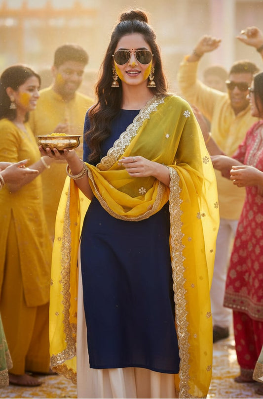 Festive Haldi Yellow Embellished Dupatta With Premium Lace Border — product view 1