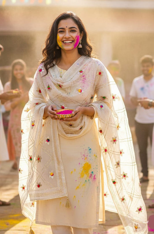 Festive Cream Dupatta With Golden Zari Lines Handcrafted Pom Pom Flowers — product view 1