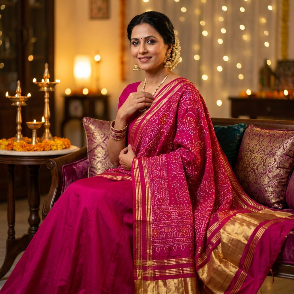 Fuchsia Gold Bandhani Radiance — product view 1