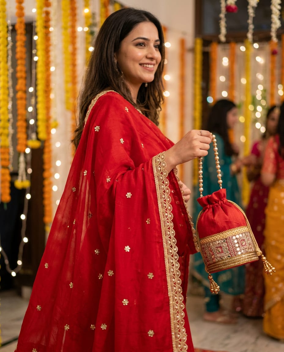Combo Of Beautiful Red Potli Bag And Scarlet Zari & Pearl Dupatta — product view 1