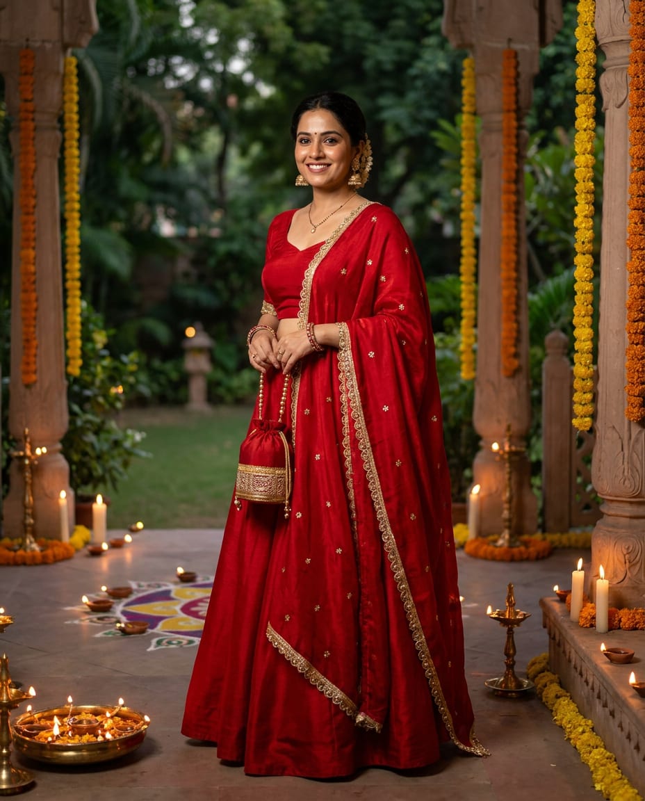 Combo Of Beautiful Red Potli Bag And Scarlet Zari & Pearl Dupatta — product view 2