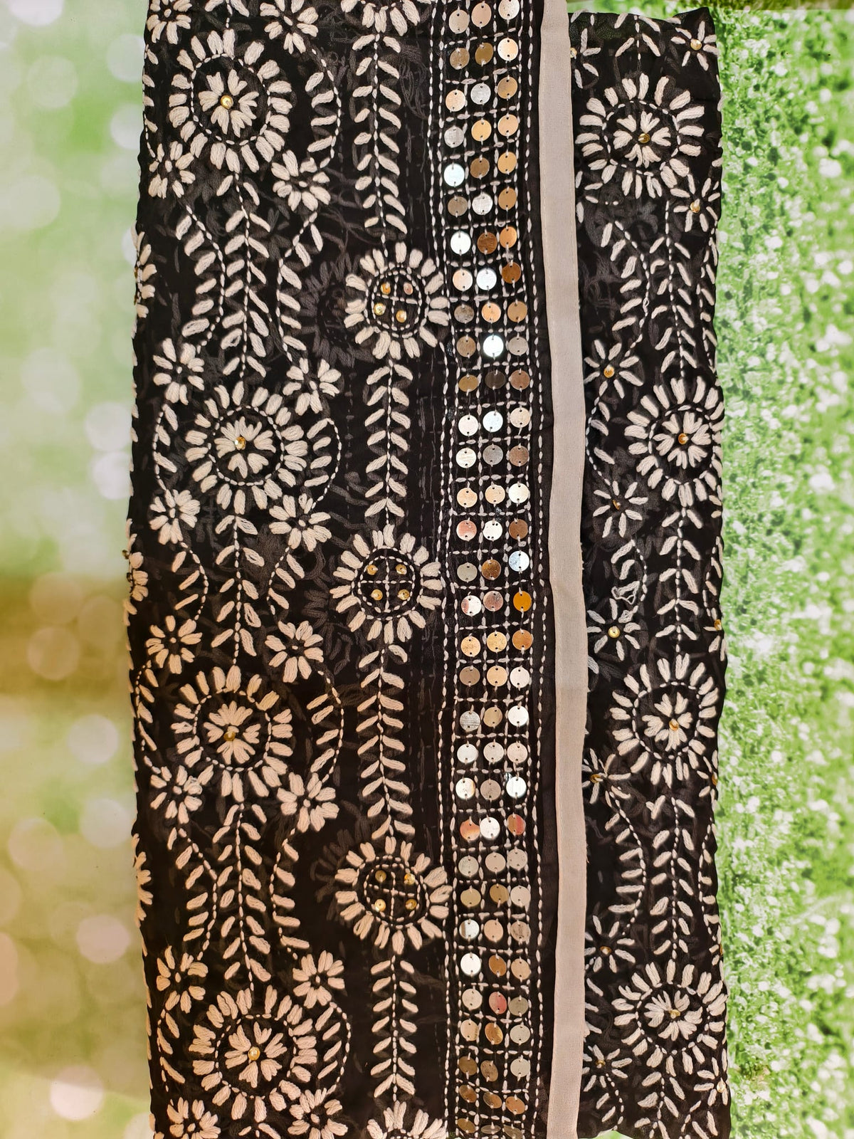 Black Georgette Dupatta With Dense White Thread Embroidery Heavy Sequin Border — product view 2