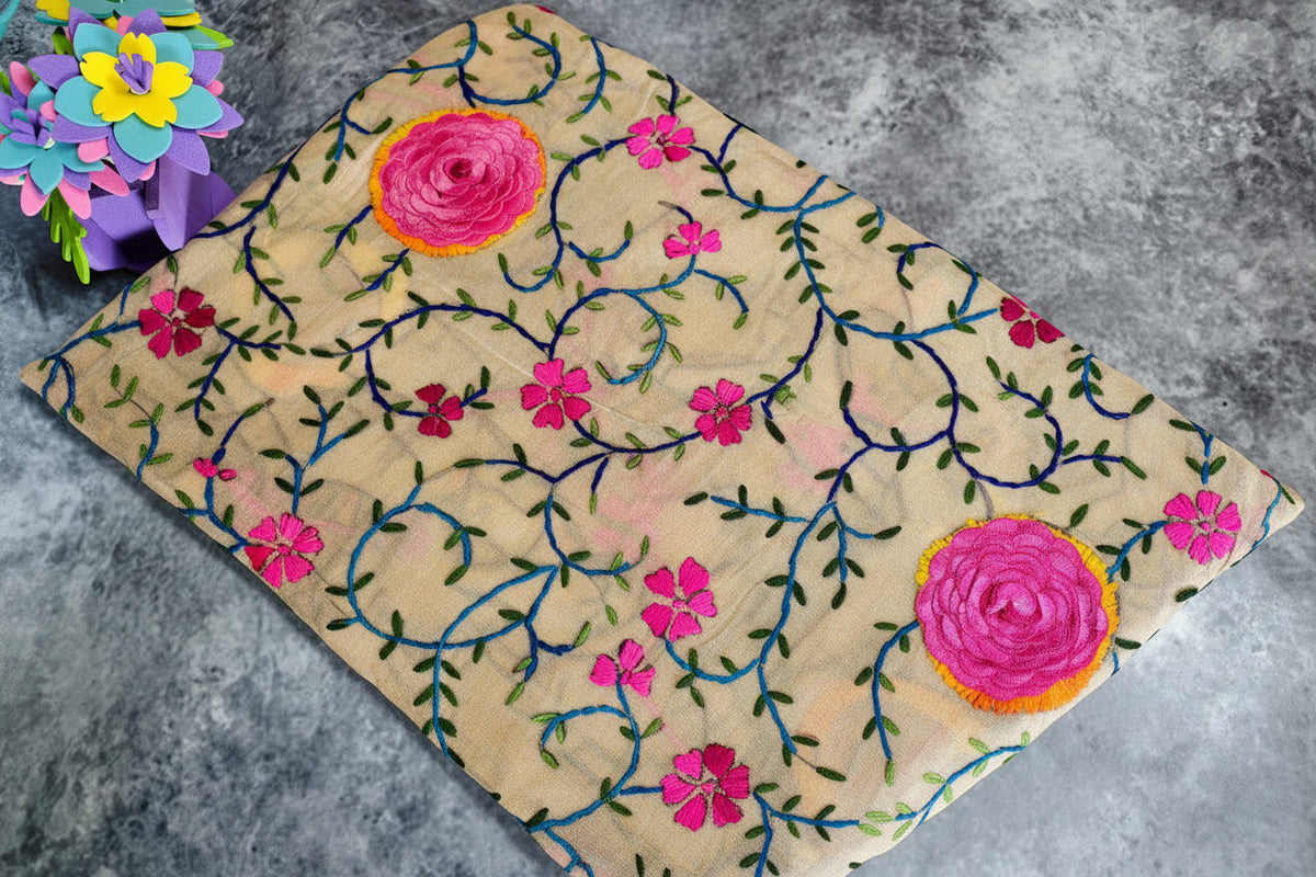 Handcrafted Beige Dupatta With 3D Pink Rosette Multicolor Thread Embroidery — product view 2