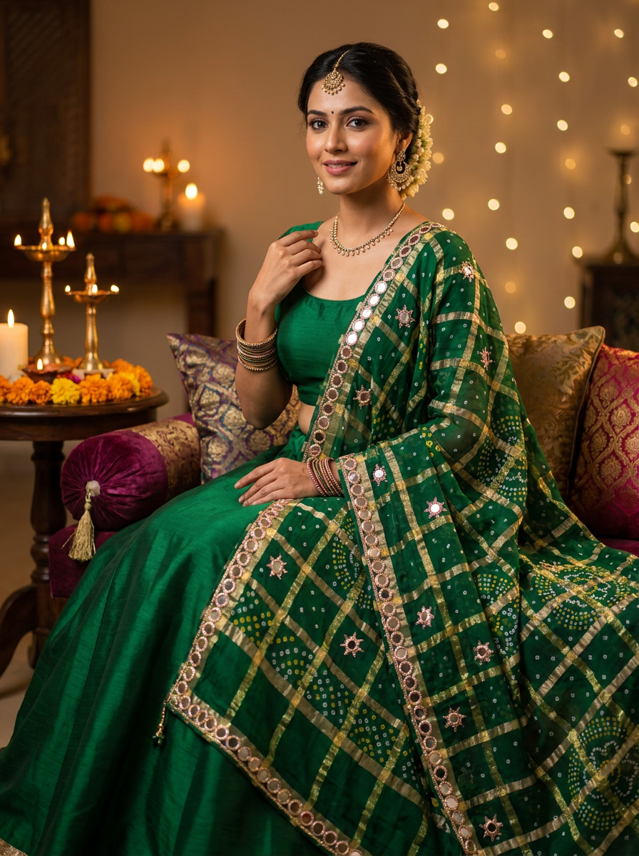 Jagmag Mirror Dupatta, Emerald Green — product view 2