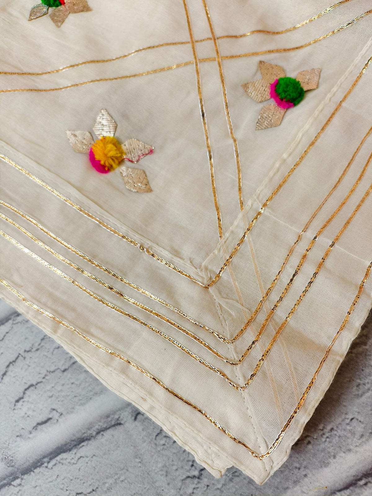 Festive Cream Dupatta With Golden Zari Lines Handcrafted Pom Pom Flowers — product view 2