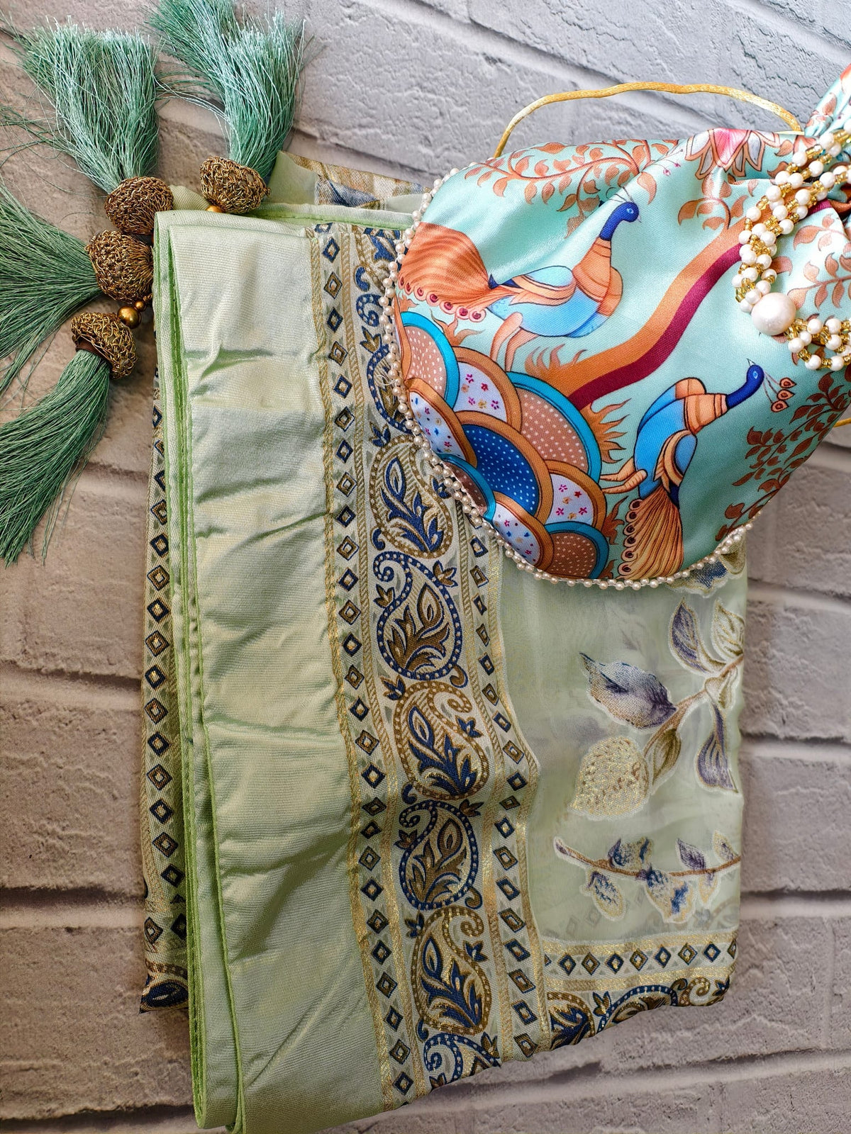 Combo Mint Melody  Brasso Floral Dupatta With Gold Jacquard Border Printed Peacock Potli — product view 2