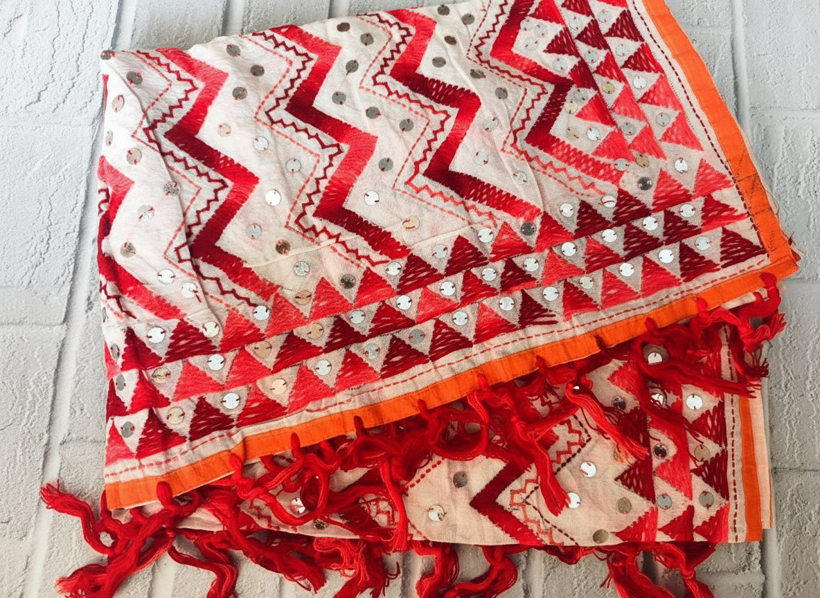 Red White Chevron Zigzag Embroidered Dupatta With Mirror Work — product view 2