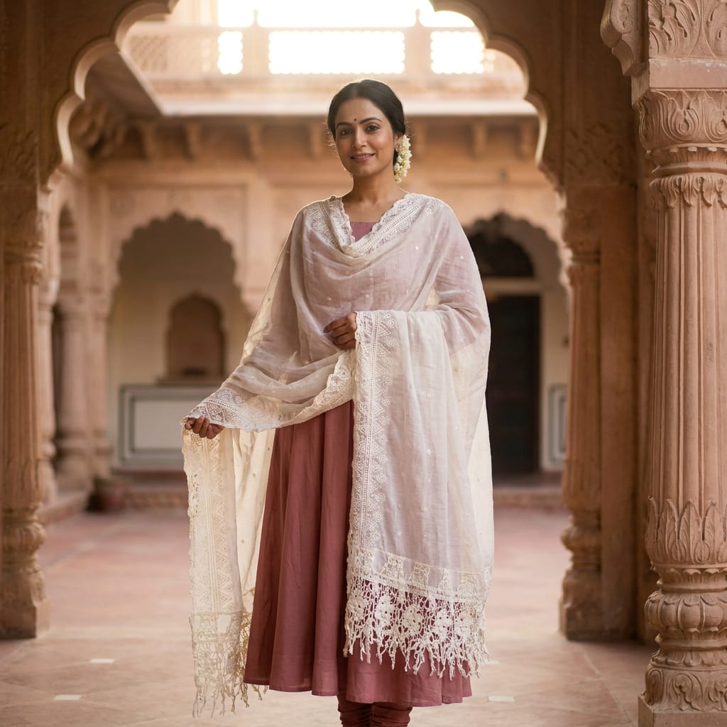Jhaalar Cream Cutwork Dupatta — product view 2