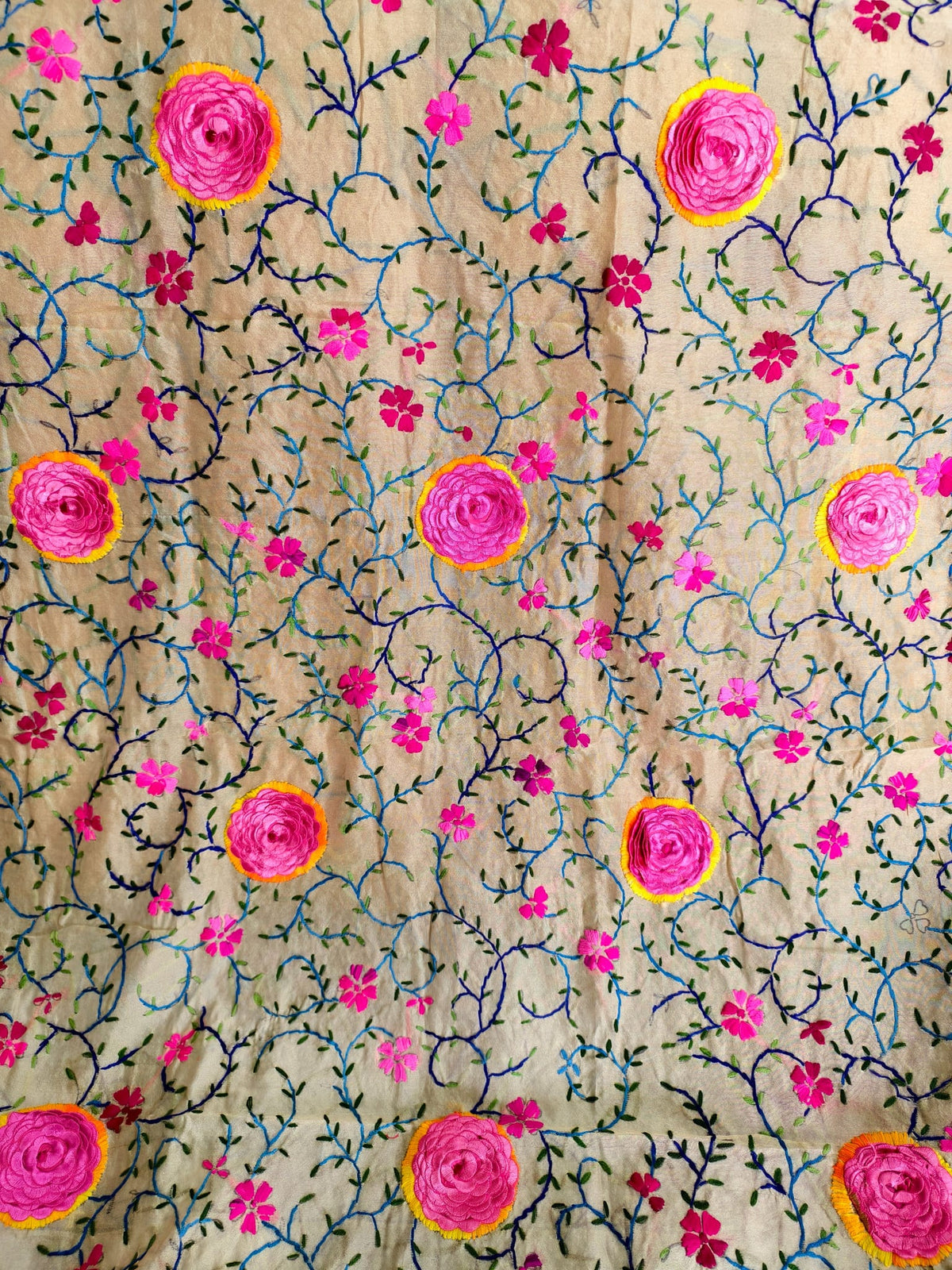 Handcrafted Beige Dupatta With 3D Pink Rosette Multicolor Thread Embroidery — product view 3