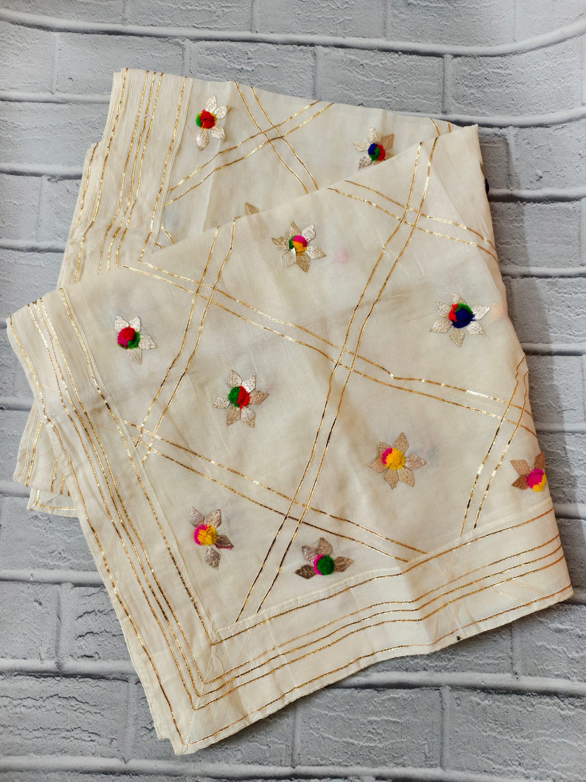 Festive Cream Dupatta With Golden Zari Lines Handcrafted Pom Pom Flowers — product view 3