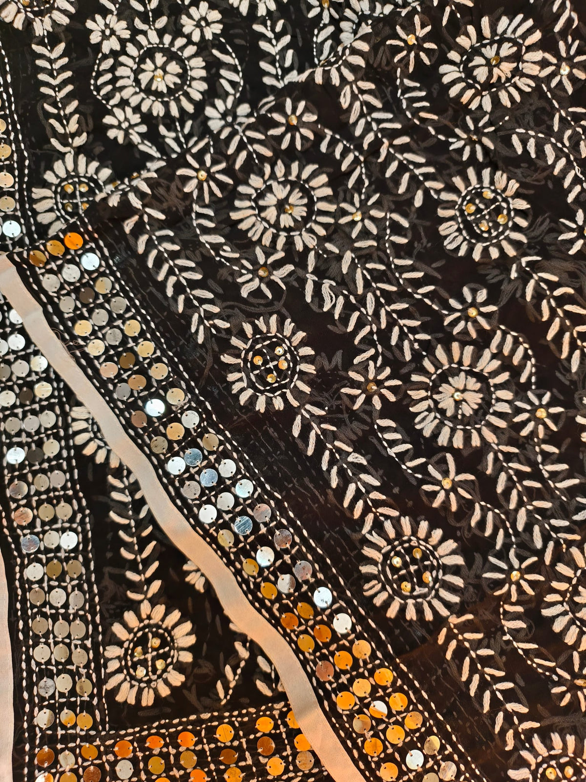 Black Georgette Dupatta With Dense White Thread Embroidery Heavy Sequin Border — product view 3