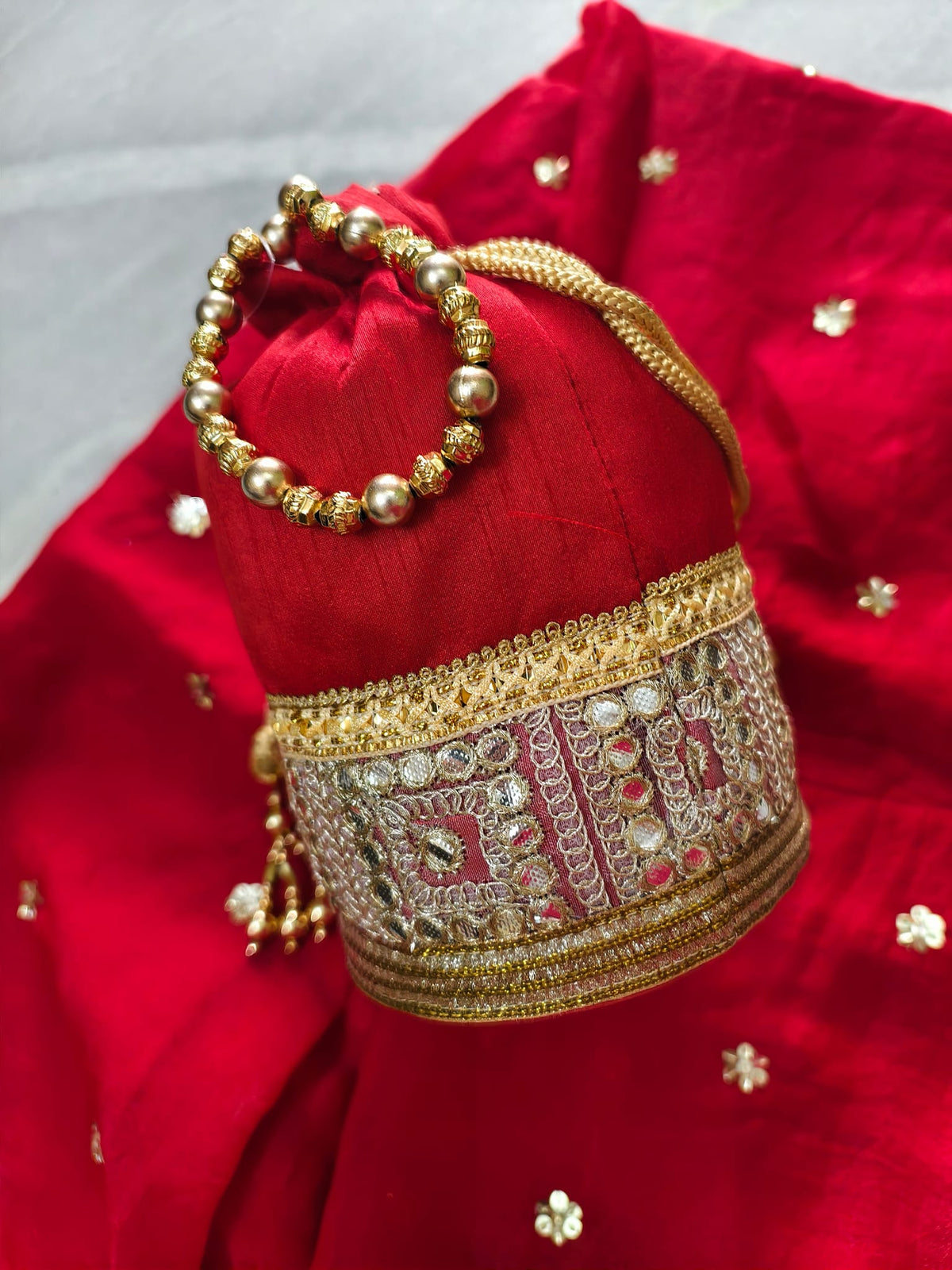 Combo Of Beautiful Red Potli Bag And Scarlet Zari & Pearl Dupatta — product view 3