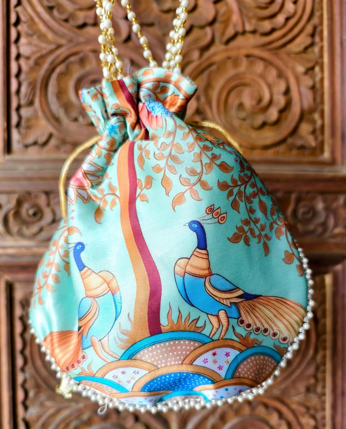 Combo Mint Melody  Brasso Floral Dupatta With Gold Jacquard Border Printed Peacock Potli — product view 3