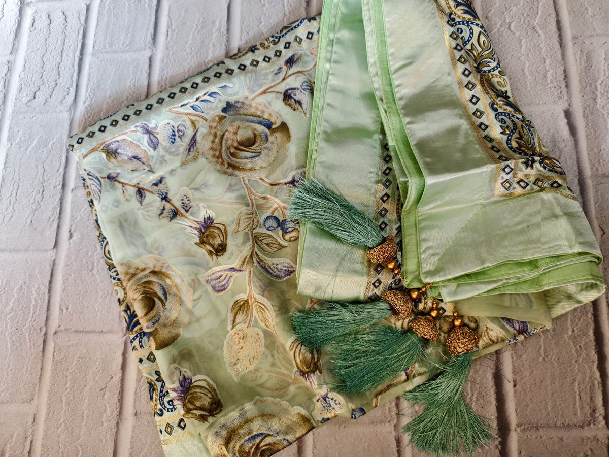 Combo Mint Melody  Brasso Floral Dupatta With Gold Jacquard Border Printed Peacock Potli — product view 4
