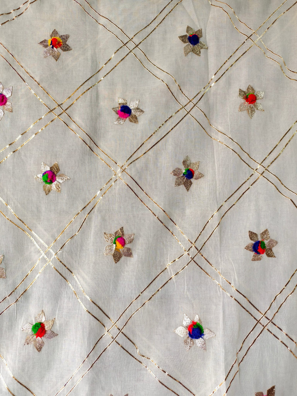 Festive Cream Dupatta With Golden Zari Lines Handcrafted Pom Pom Flowers — product view 5