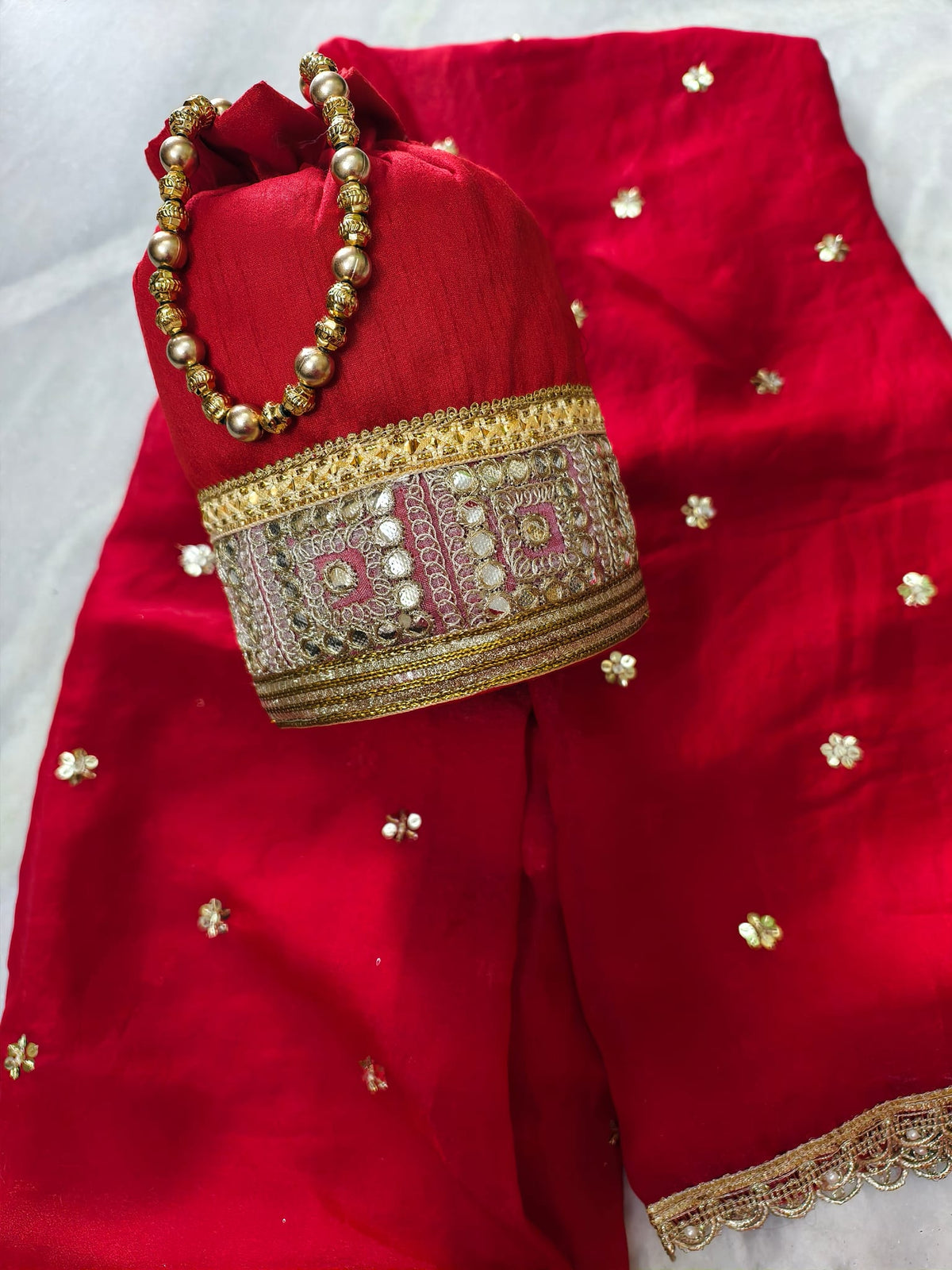 Combo Of Beautiful Red Potli Bag And Scarlet Zari & Pearl Dupatta — product view 5