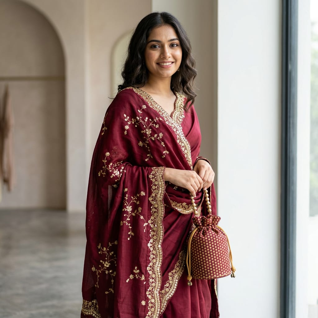 Combo Maroon & Gold Embroidered Festivity Dupatta — product view 5
