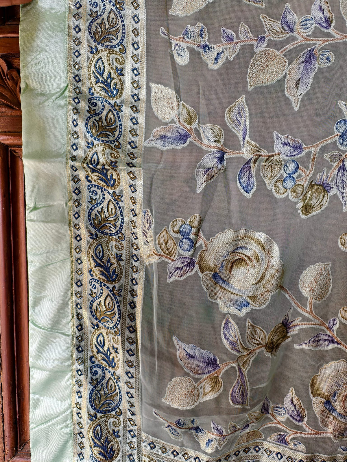 Combo Mint Melody  Brasso Floral Dupatta With Gold Jacquard Border Printed Peacock Potli — product view 7
