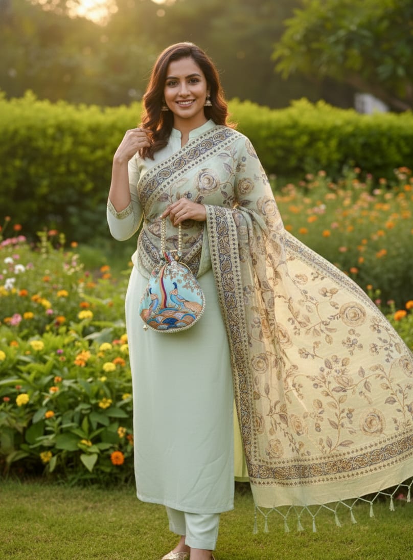 Combo Mint Melody  Brasso Floral Dupatta With Gold Jacquard Border Printed Peacock Potli — product view 8
