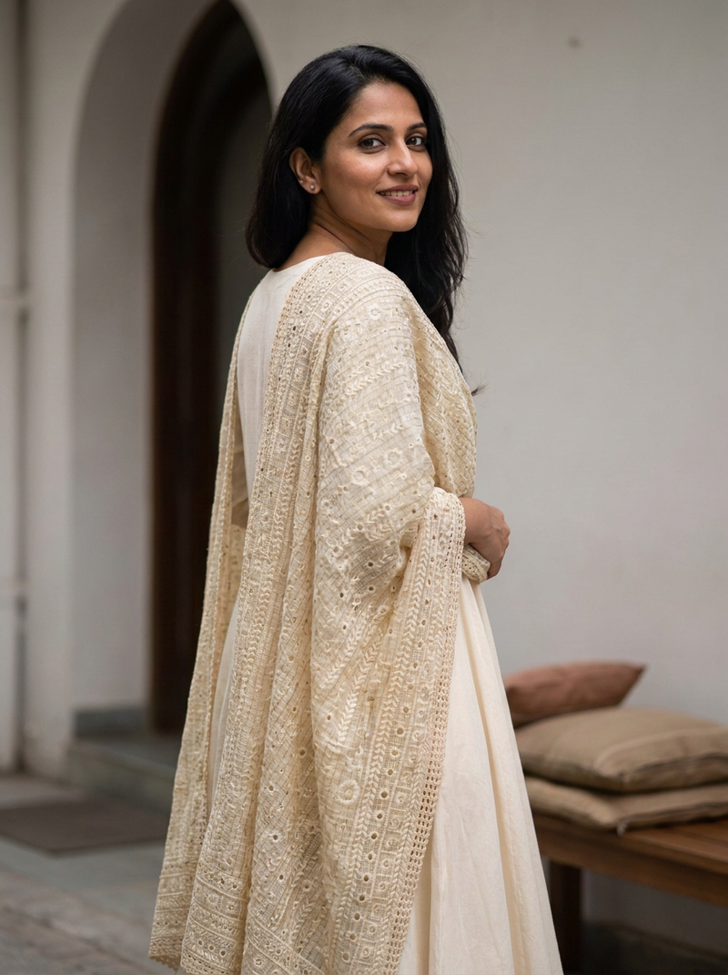 Same model wearing the Saadgi Chikankari Dupatta
