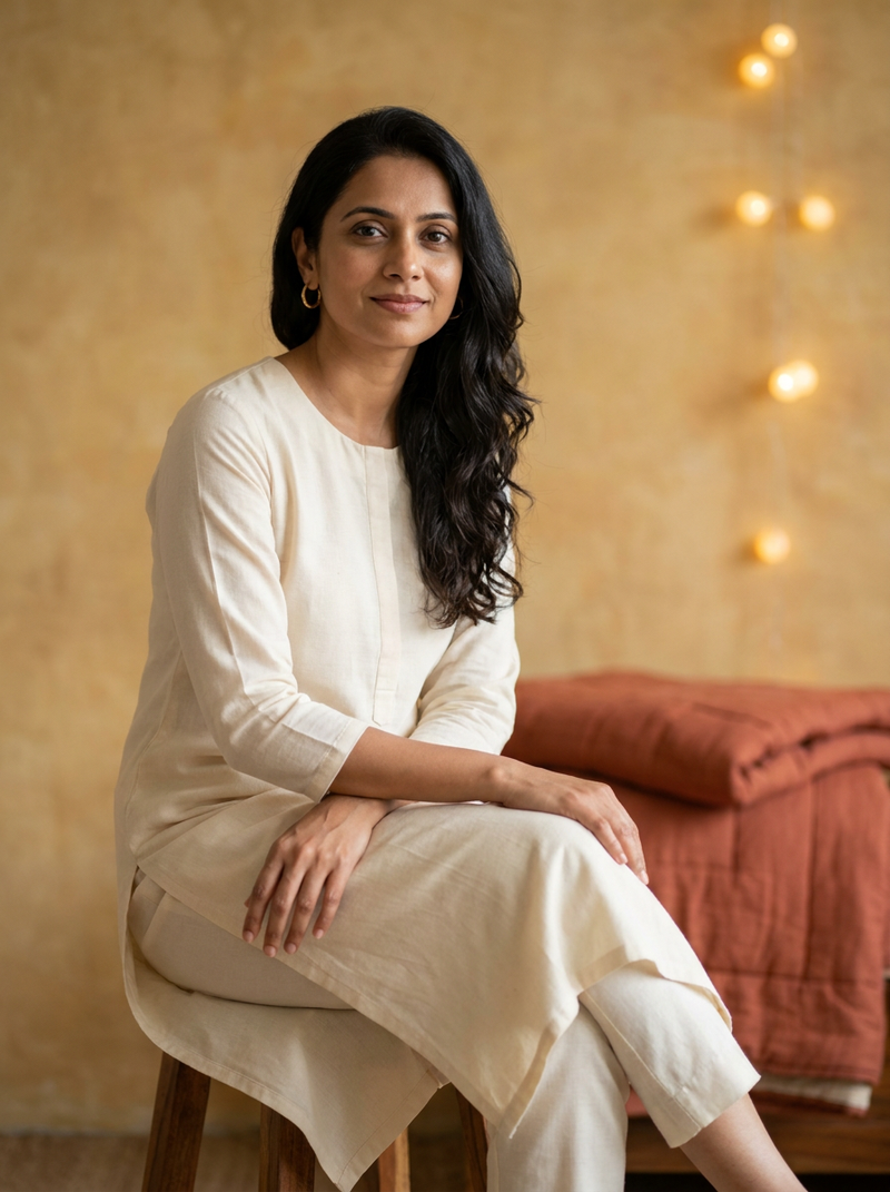 Model in a plain cream suit