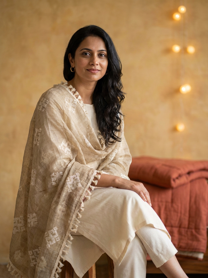 Same model wearing the Jharokha Chikankari Dupatta