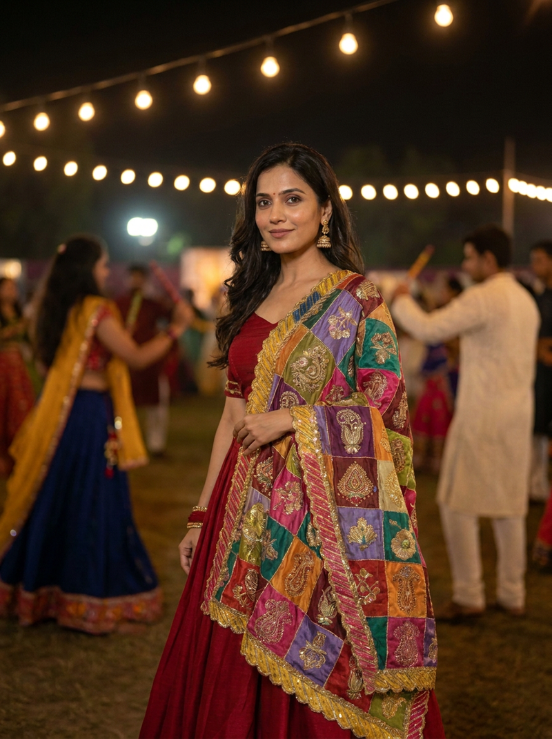 Same model wearing the Rangmahal Patchwork Dupatta