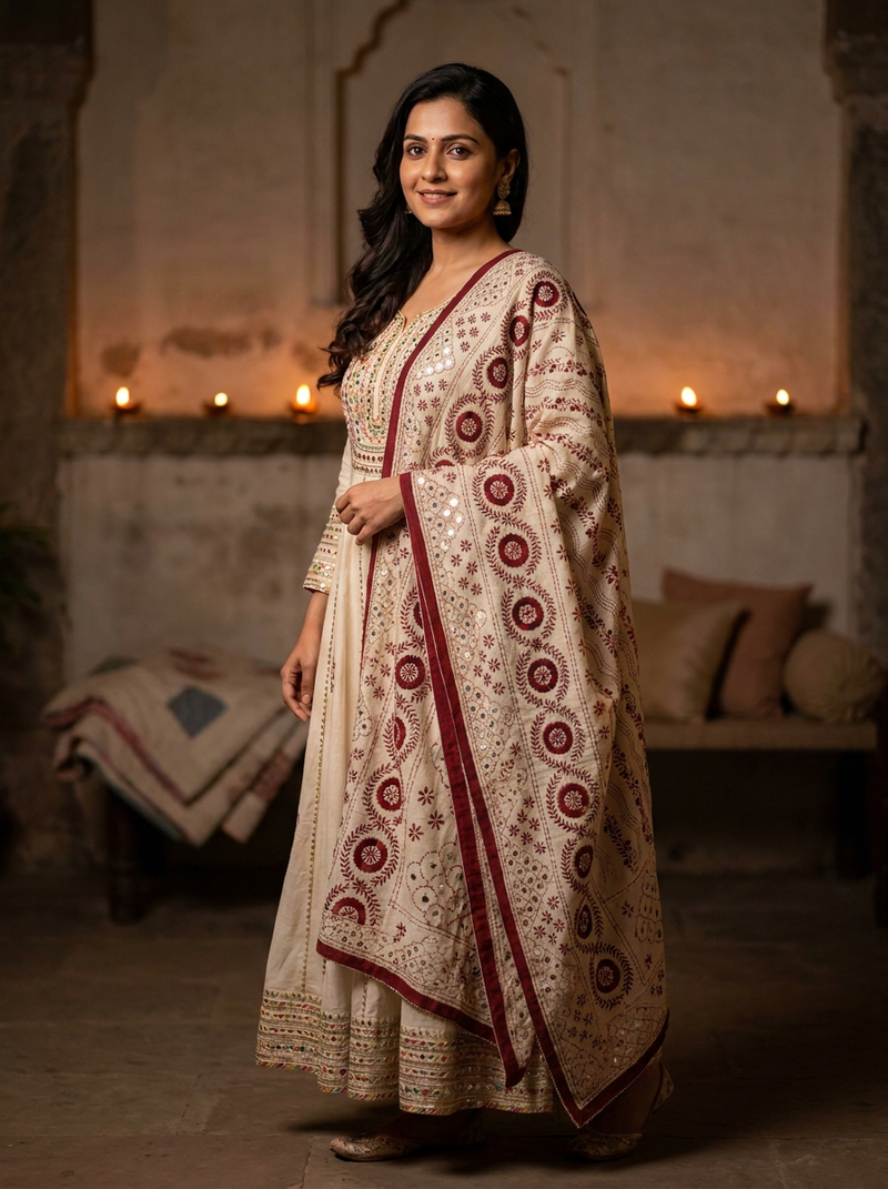 Same model wearing the Gulzar Kantha Dupatta
