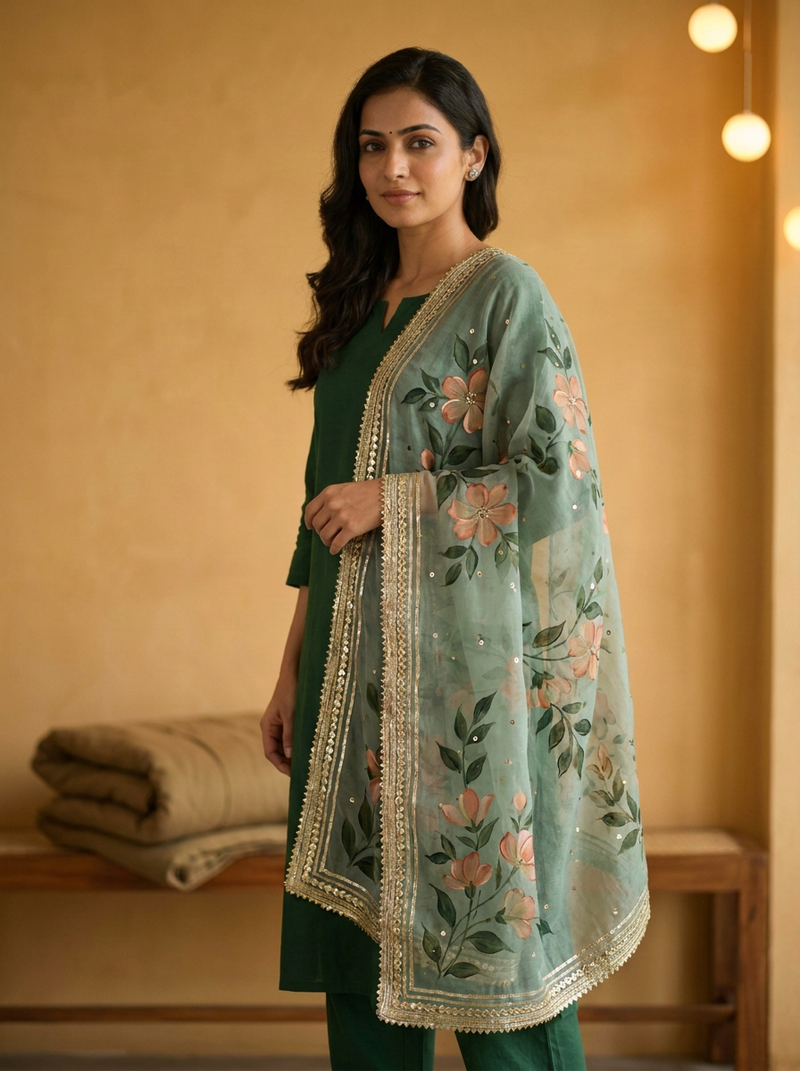 Same model wearing the Latika Hand-painted Dupatta