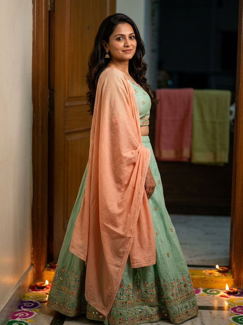 Model in a plain mint suit