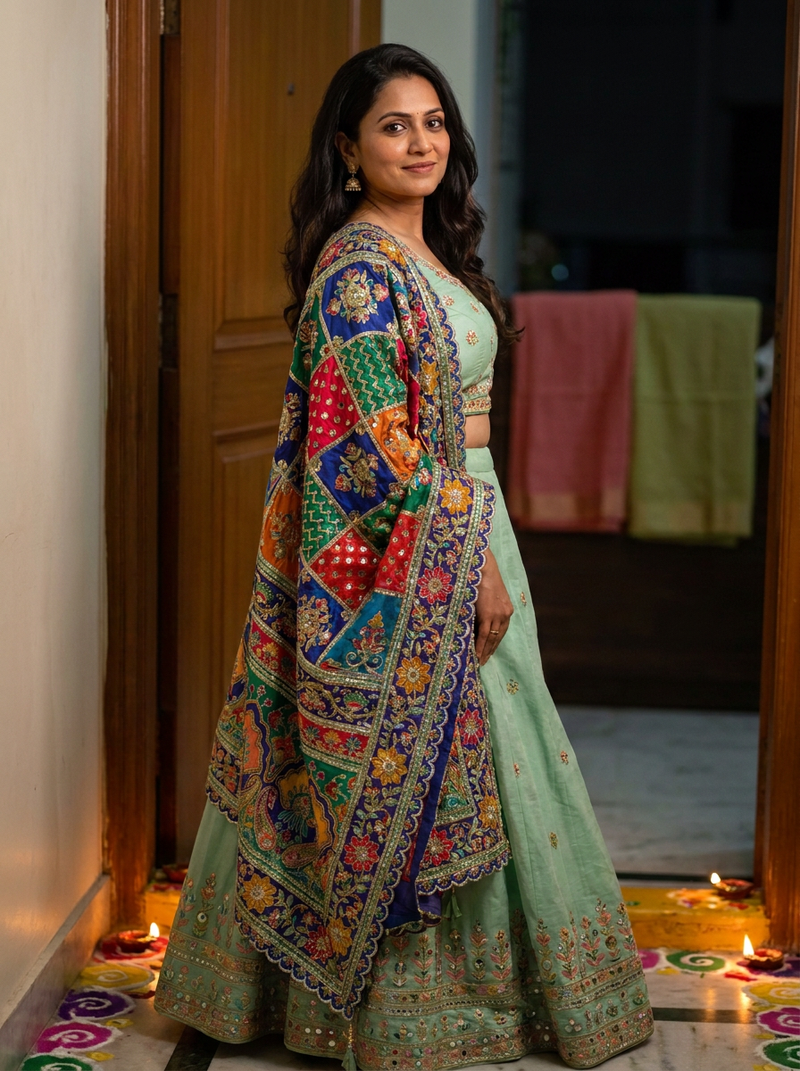 Same model wearing the Neelgagan Mosaic Dupatta