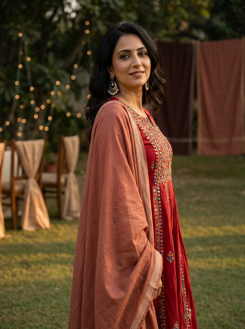 Model in a plain red suit