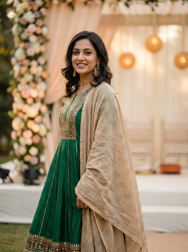 Model in a plain emerald green suit