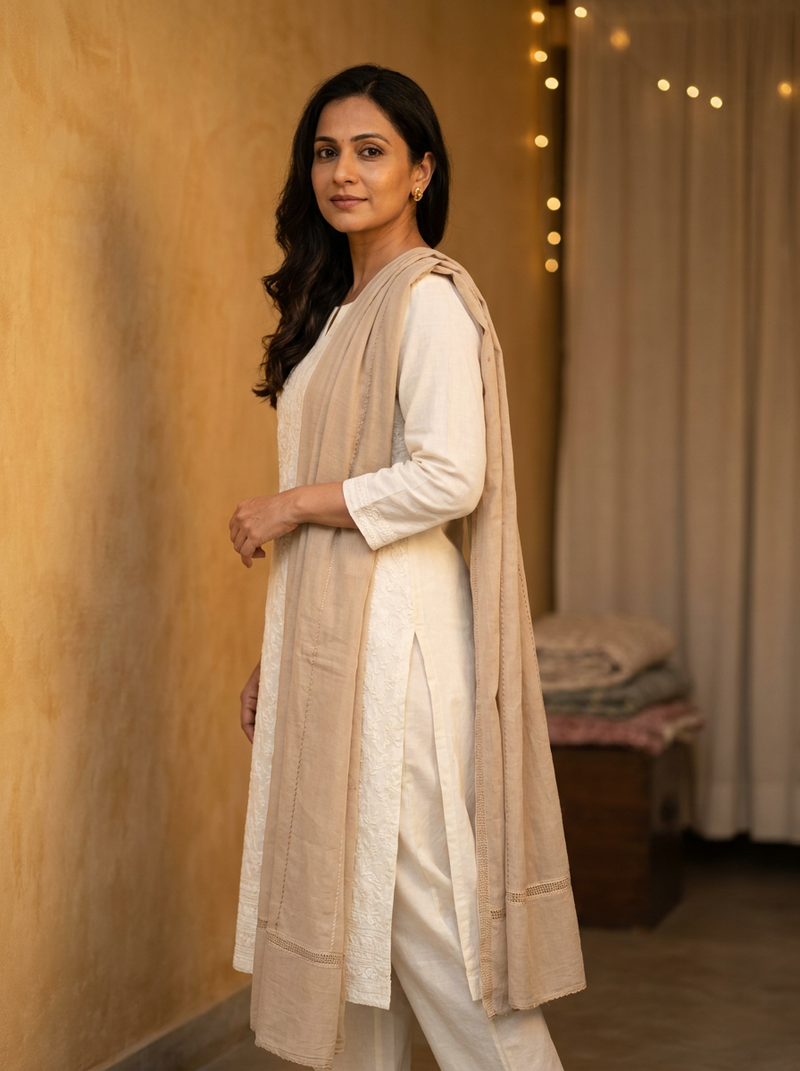Model in a plain ivory suit