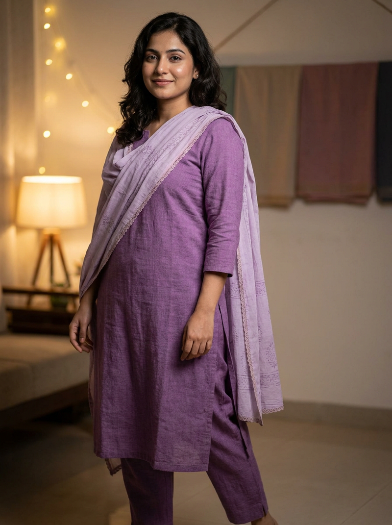 Model in a plain purple suit