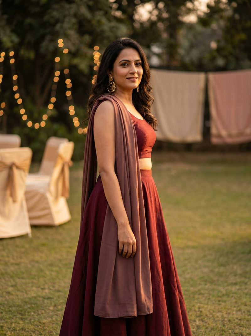 Model in a plain maroon suit