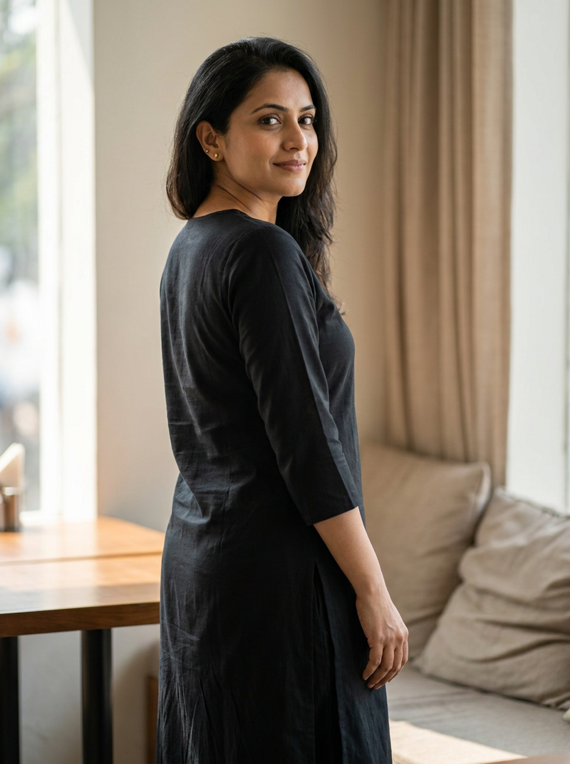 Model in a plain black suit