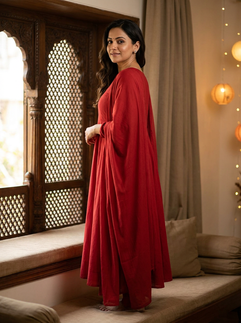 Model in a plain red suit