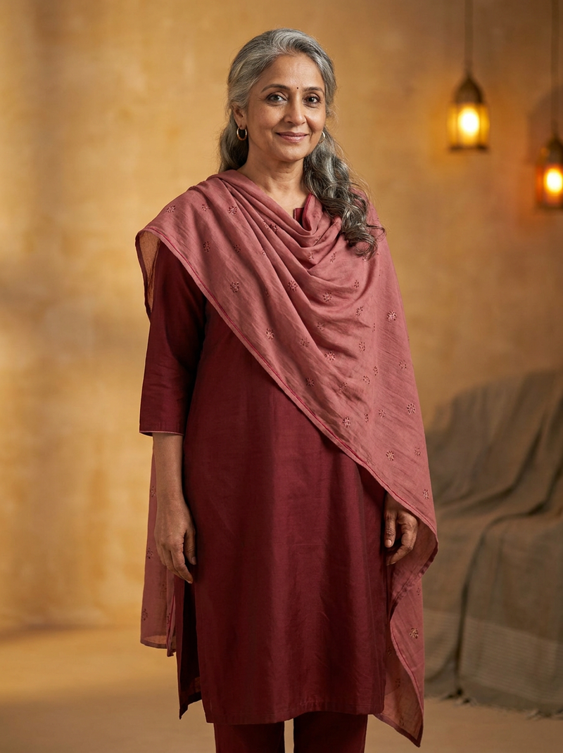 Model in a plain maroon suit