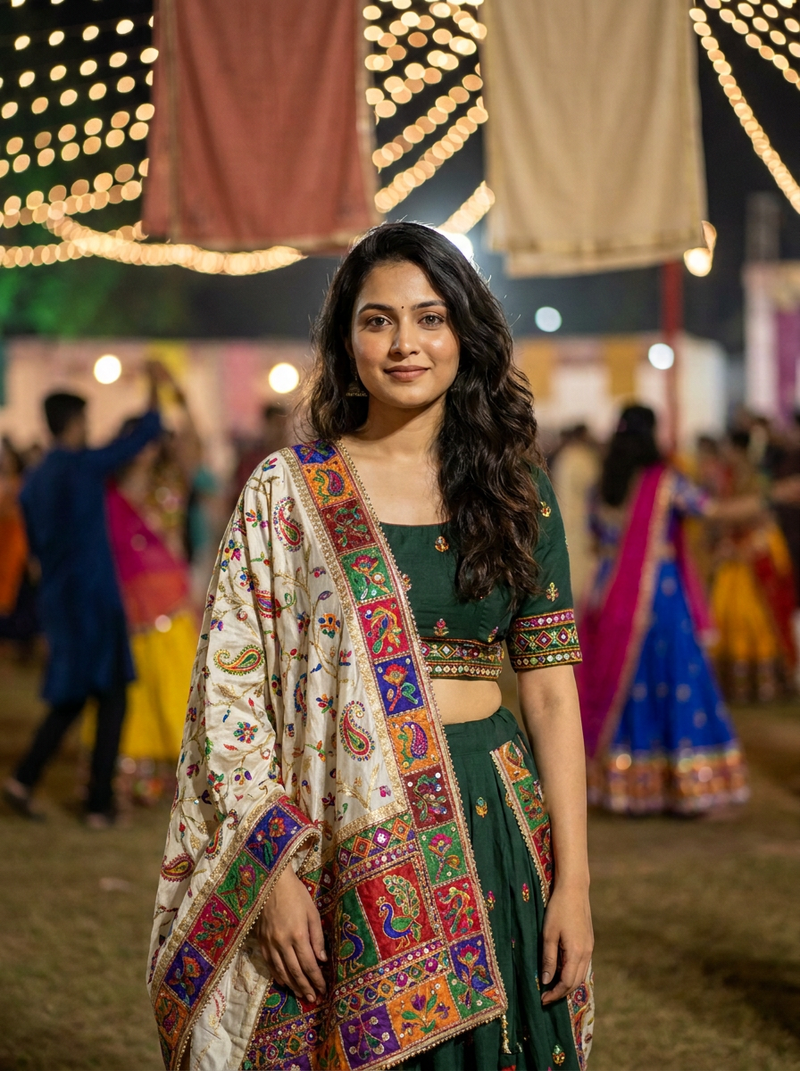 Same model wearing the Rajasi Cream Art Dupatta