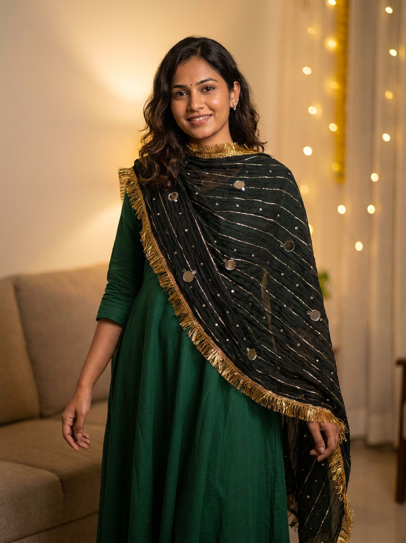 Same model wearing the Aaina Black Dupatta